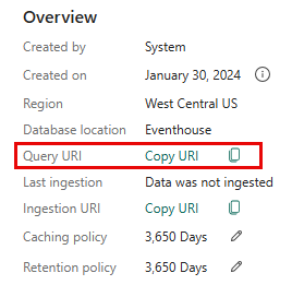  Screenshot of the database details card that shows the database details. The Query URI option titled Copy URI is highlighted.