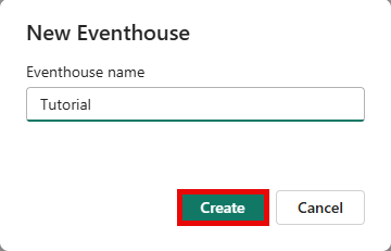 Screenshot of the Eventhouse interface displaying the Eventhouse name dialogue and the Create button highlighted.