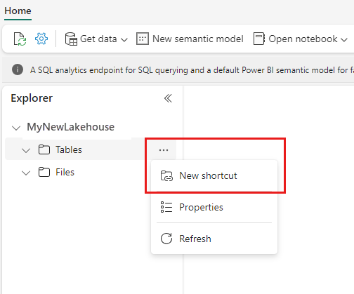 Screenshot of create new shortcut menu item.