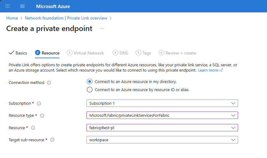 Screenshot of the Resource tab in Create a private endpoint.