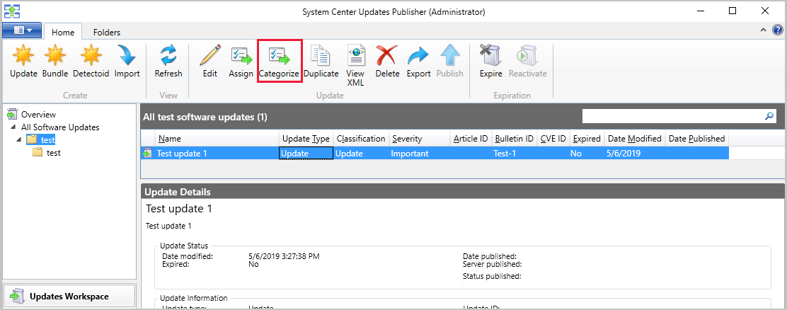 Screenshot of categorizing an update