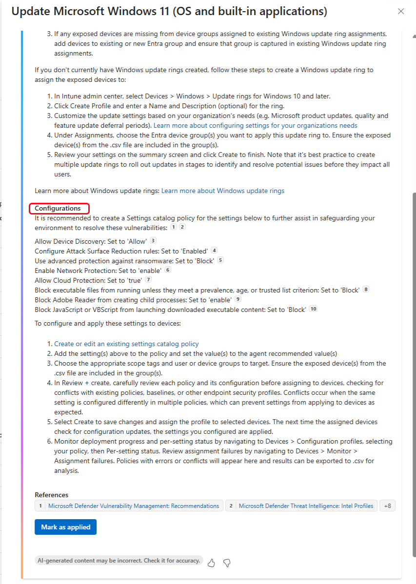 A screenshot that displays an example of the Configurations section of the suggested actions pane.