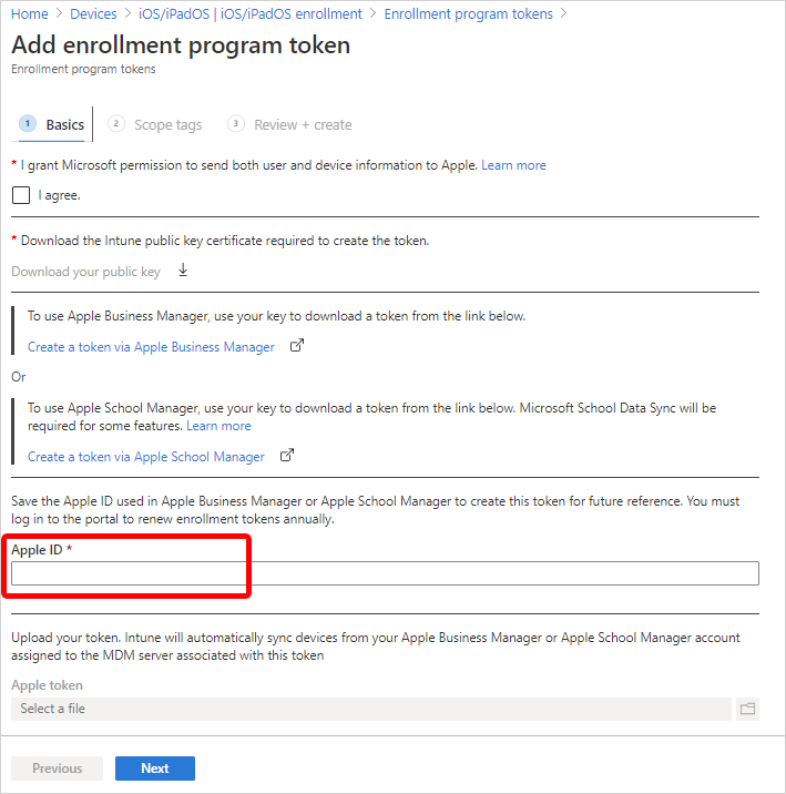 Screenshot highlighting the Apple ID field in the "Add enrollment program token" pane.