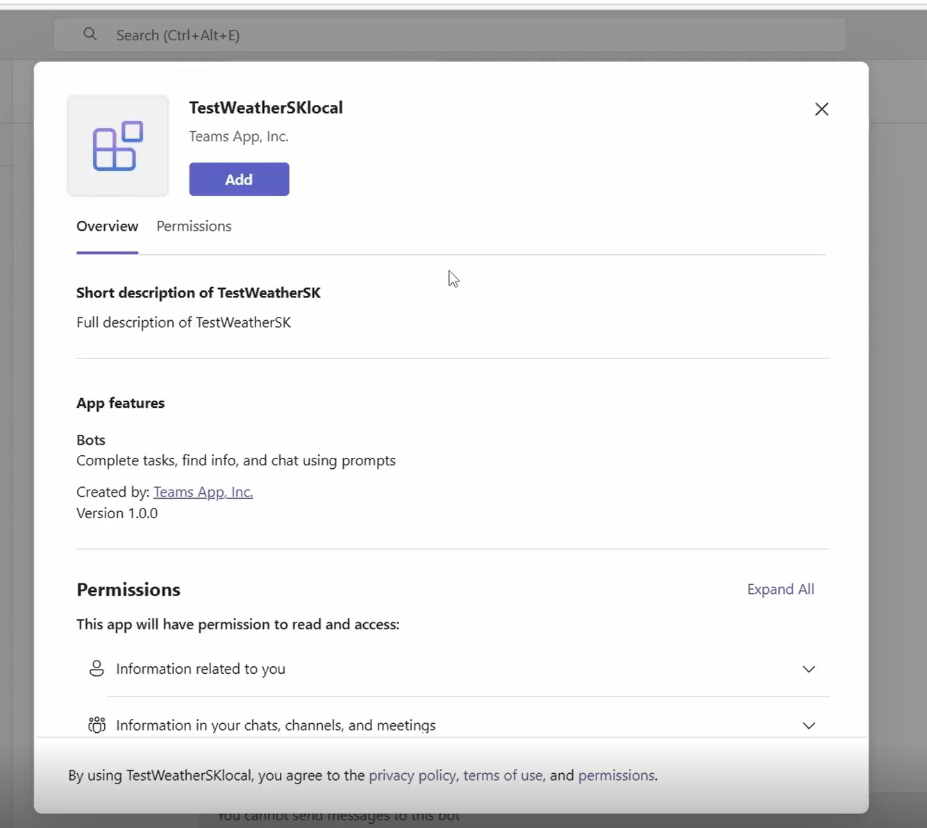 Teams prompt to add agent