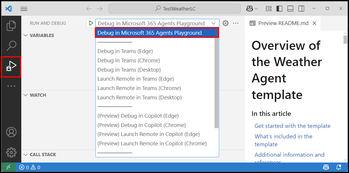 Select debug in Microsoft 365 Agents Playground