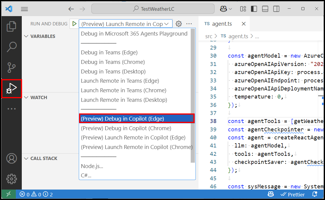 Select to debug in Copilot (Edge)
