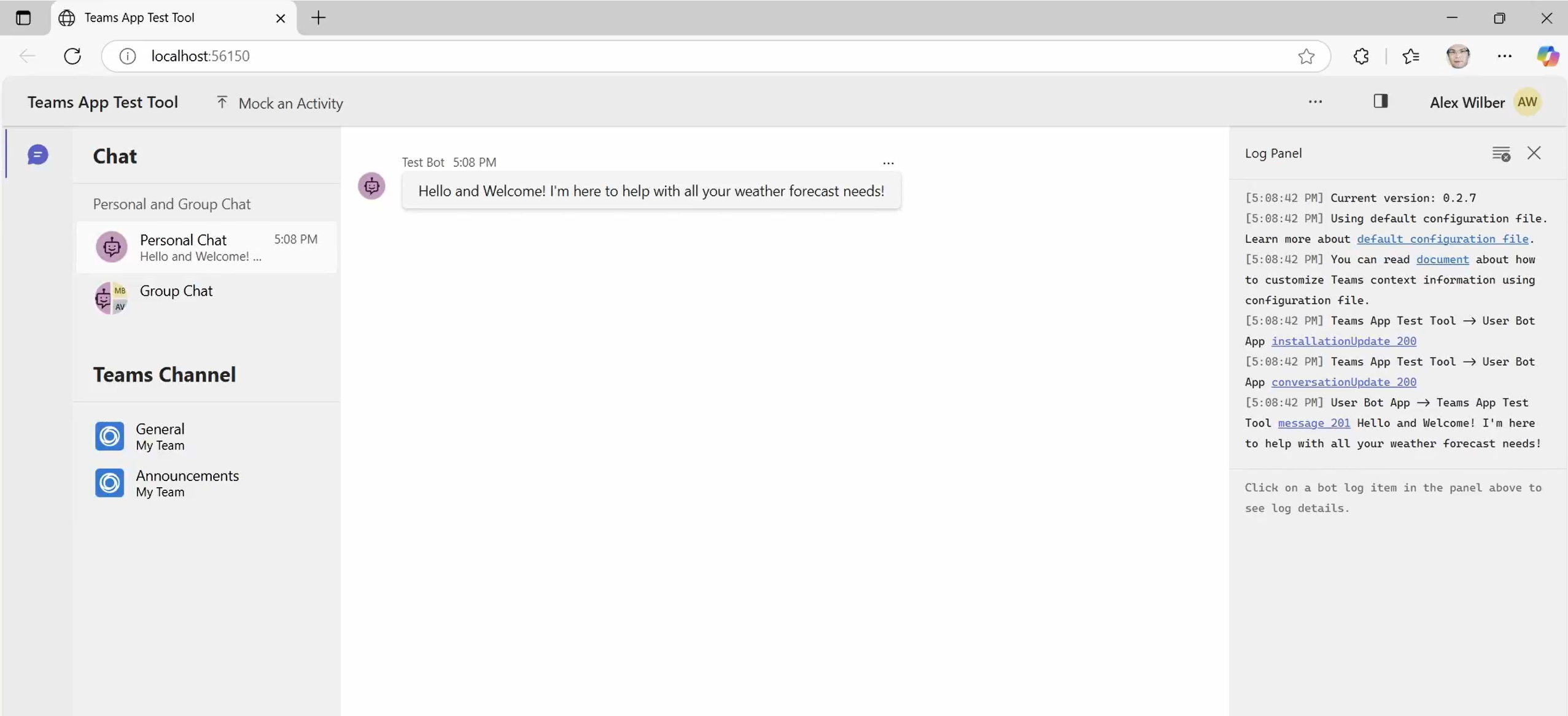 Debug app in Teams App Test Tool