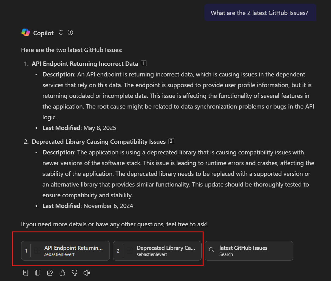 M365 Copilot Output with Github issues