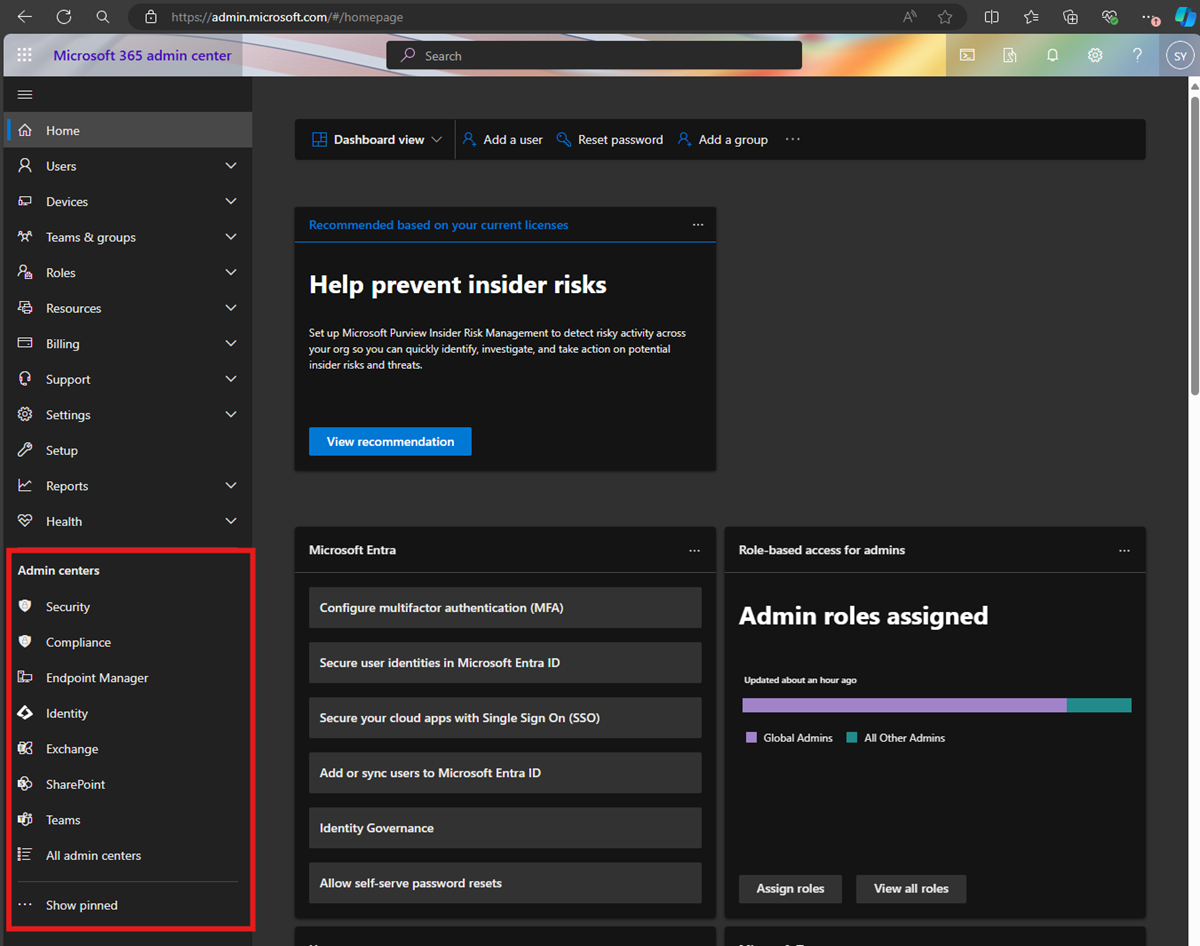Screenshot showing various Microsoft 365 admin centers.