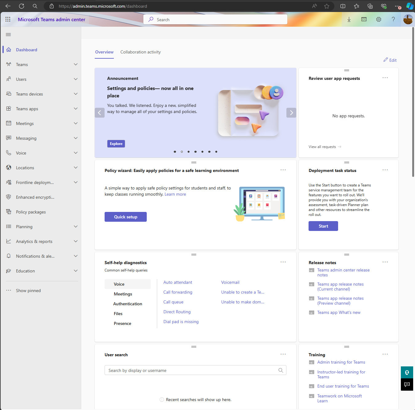 Screenshot showing admin center for Microsoft Teams.