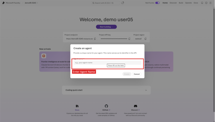 Shows the agent creation dialog in Microsoft Foundry