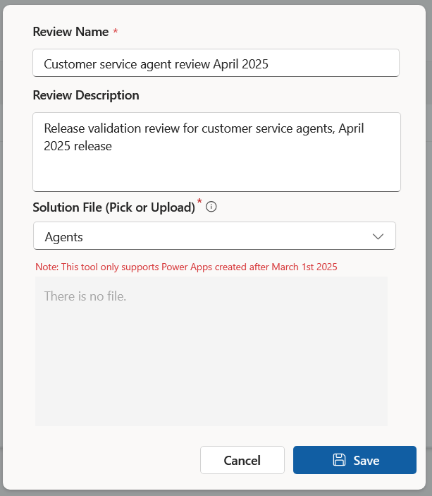 Screenshot of the Agent Review Tool upload page where users can enter a review name and description, and select a solution file.