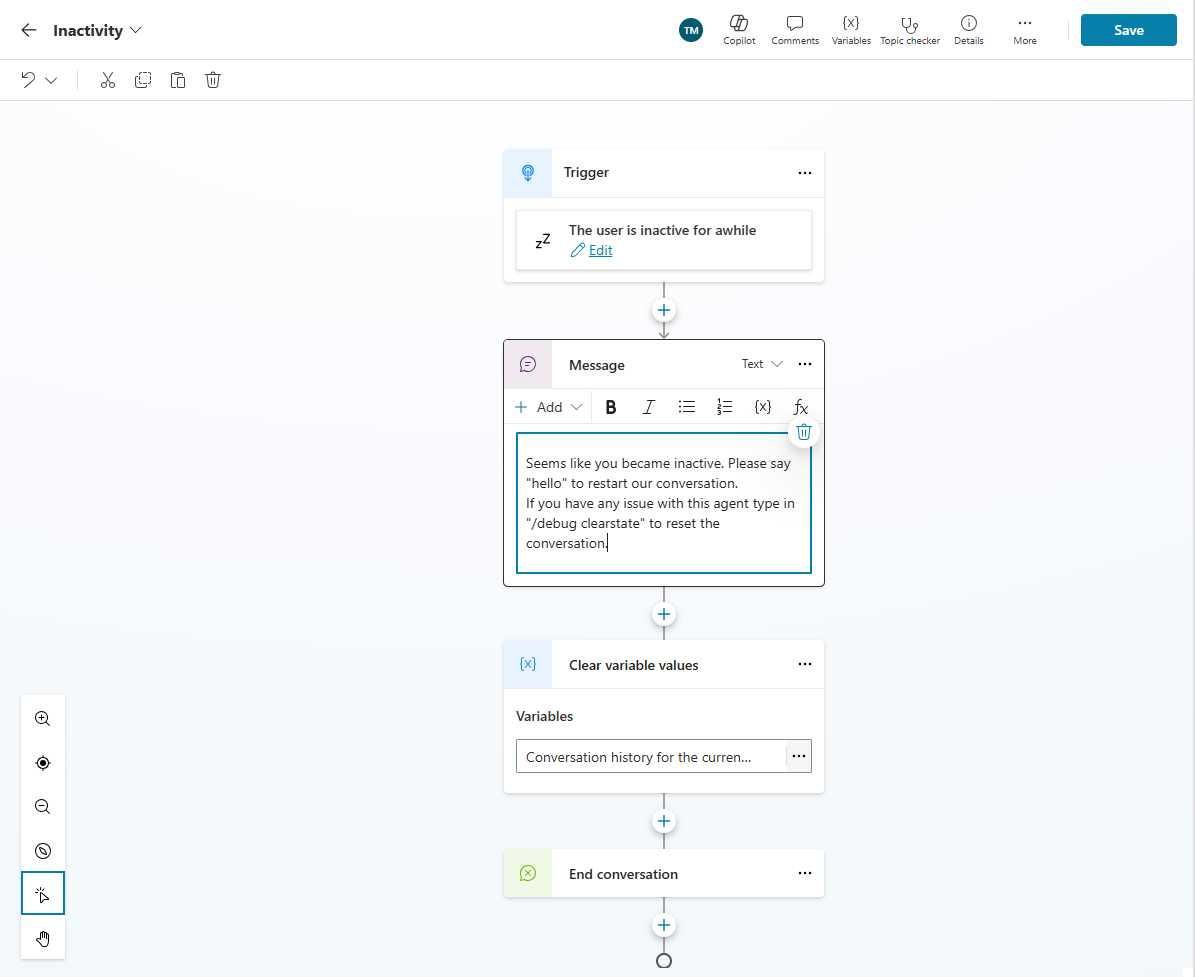 Screenshot of Copilot Studio topic editor displaying an inactivity reset workflow with trigger, message, clear variable values, and end conversation nodes.