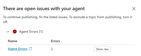 Screenshot of the list of errors that appears if you try to publish an agent that violates data policies.