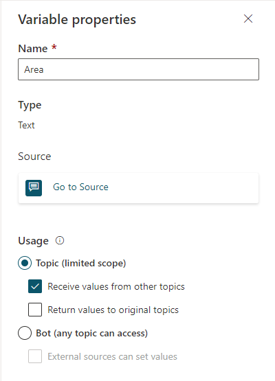 Screenshot of the authoring canvas showing the Variable properties panel with 'Receive values from other topics' selected.