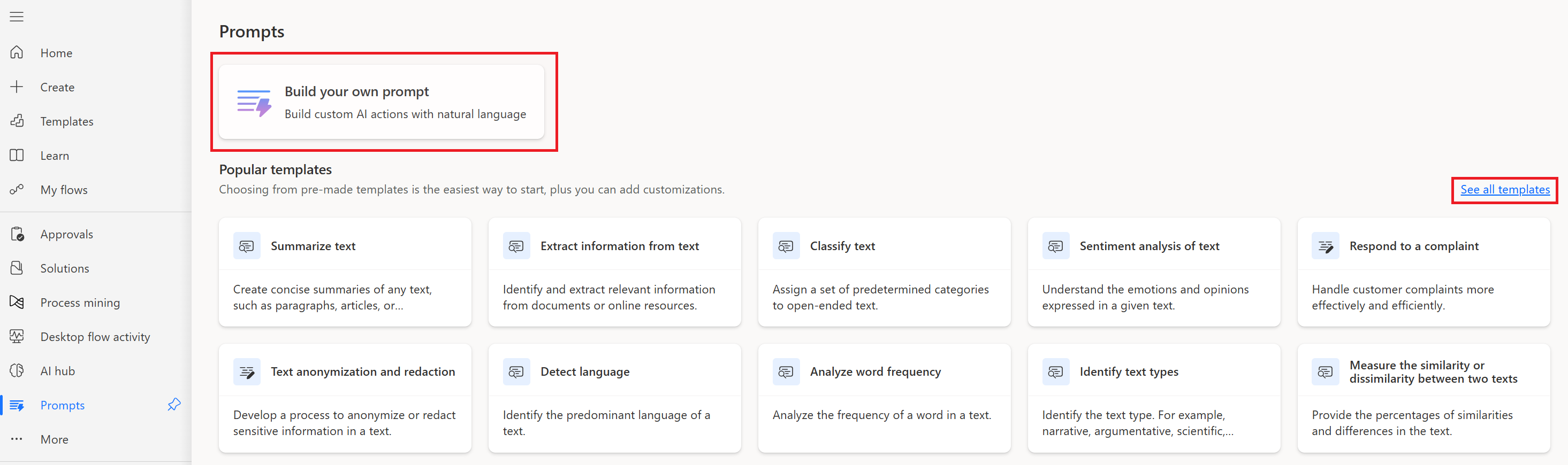 Screenshot of the prompts section.