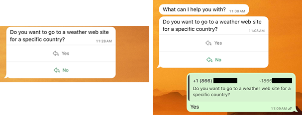 Screenshot of WhatsApp in a mobile device showing appearance of Interactive actions adaptive card.