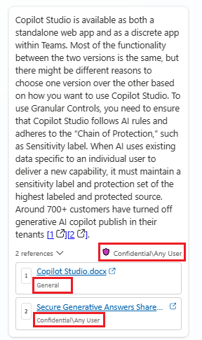 Screenshot of a 'confidential and any user' label in an agent response on the web. The labels for individual references appear under each reference.
