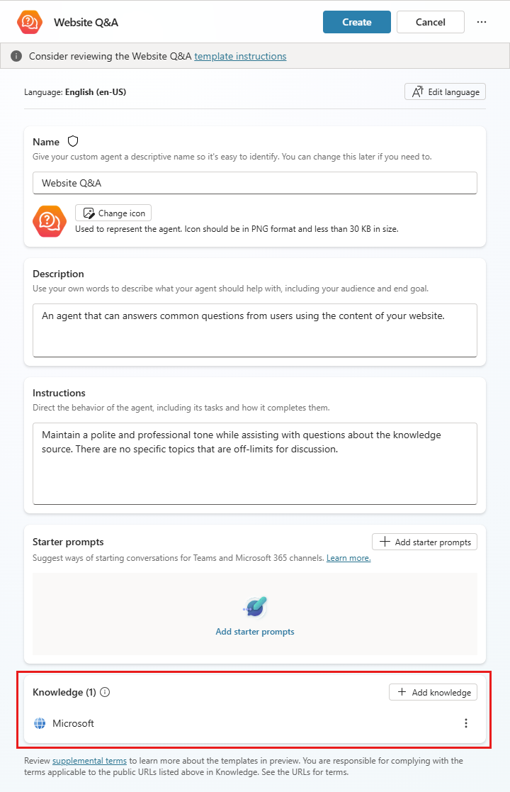 Screenshot of the creation page for the Website Q&A agent, with the Knowledge section highlighted.