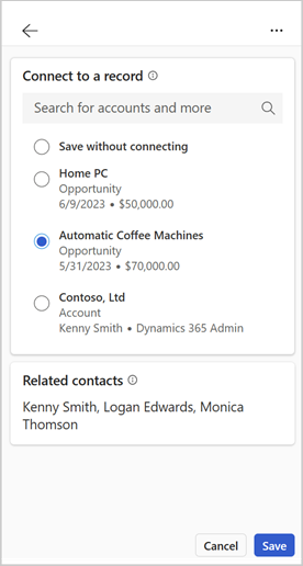 Screenshot showing suggested connections and related contacts under Connect to a record.