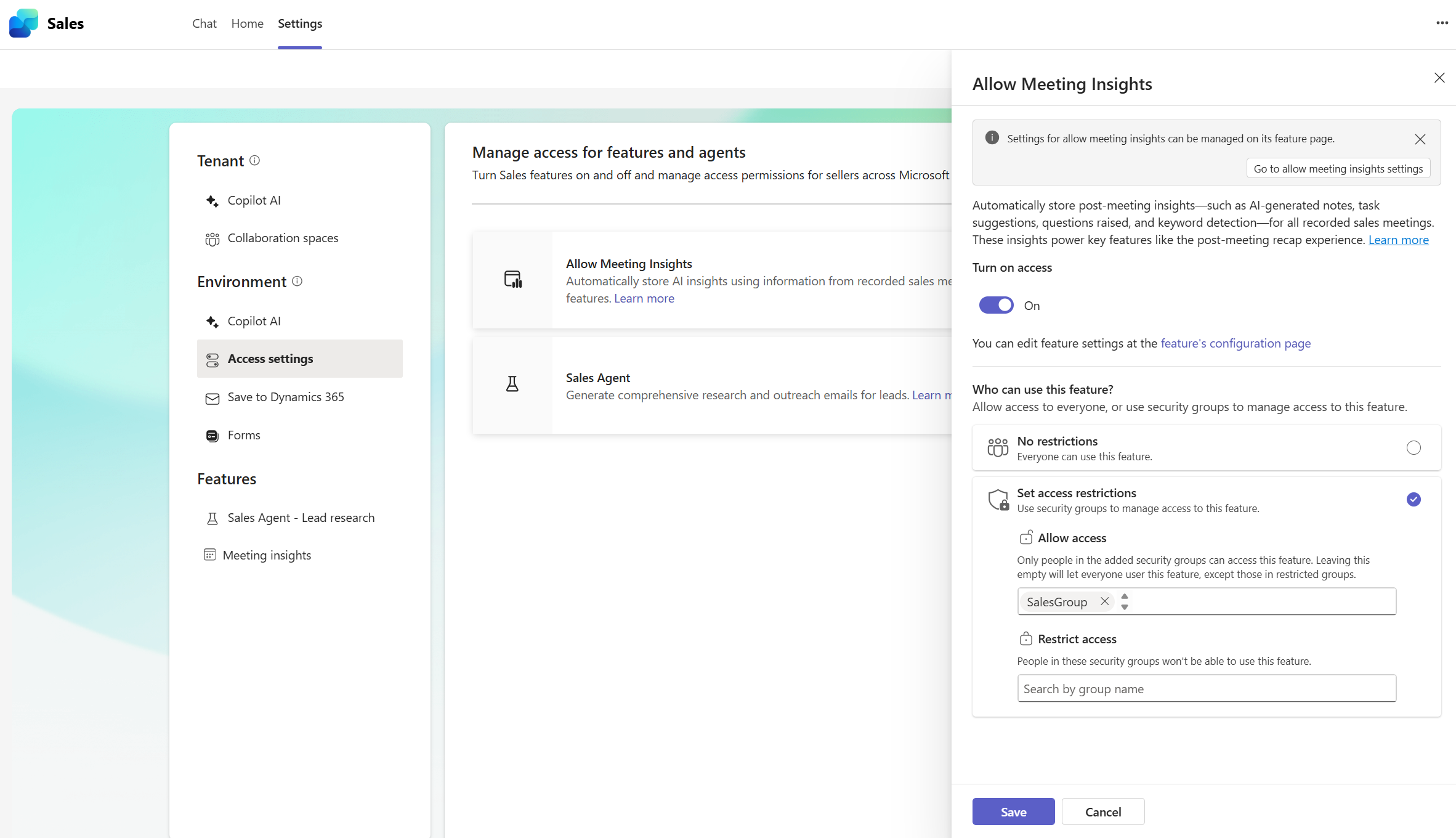Screenshot showing meeting insights access settings.