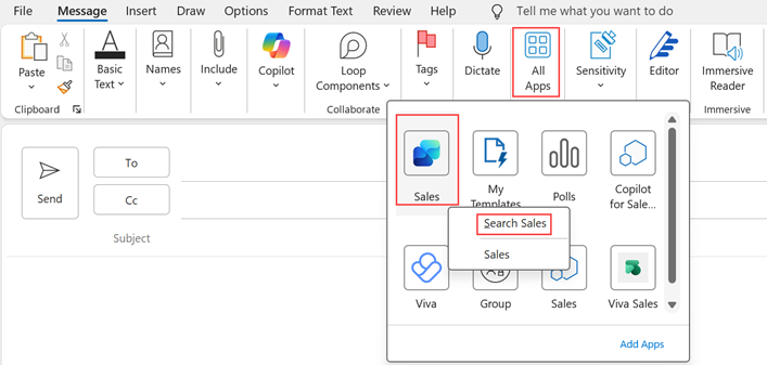 Screenshot showing search option in the Sales agent in classic Outlook.