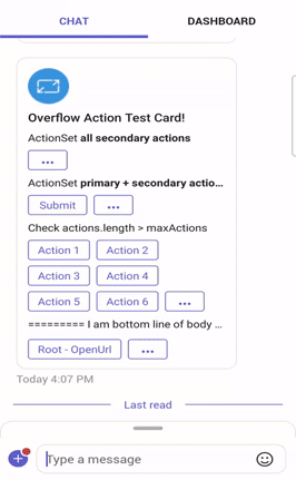 The graphical representation shows the overflow menu experience in an Adaptive Card.