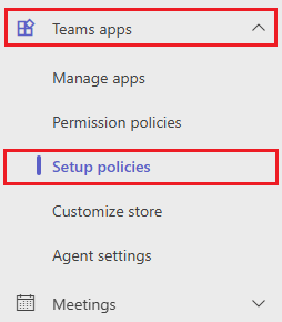 Screenshot shows the Setup policies under Teams apps in Microsoft 365 Admin center.