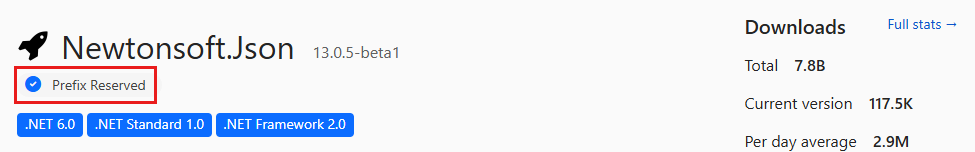Screenshot of a package page at nuget.org. Under the package name is a blue check mark labeled Prefix Reserved.