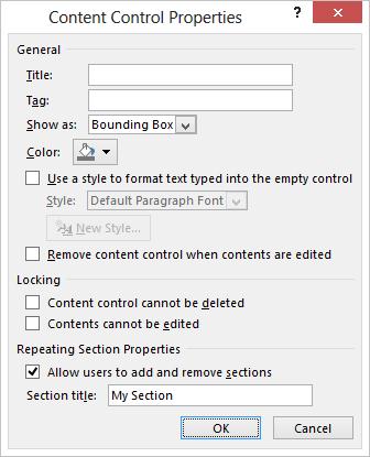 Content control properties dialog box Screenshot of ontent control properties dialog box