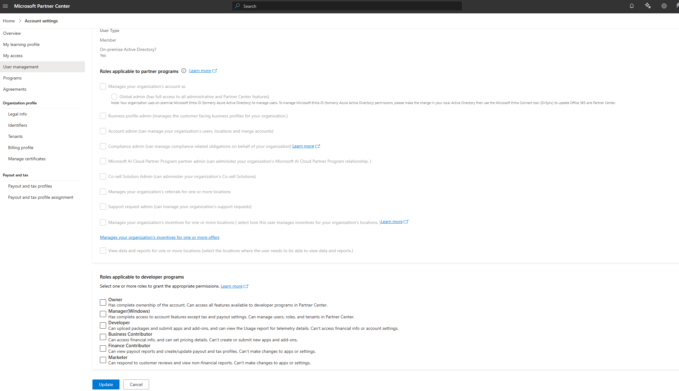 Screenshot showing the role assignment page for Marketplace, Microsoft 365, and Copilot developer programs.