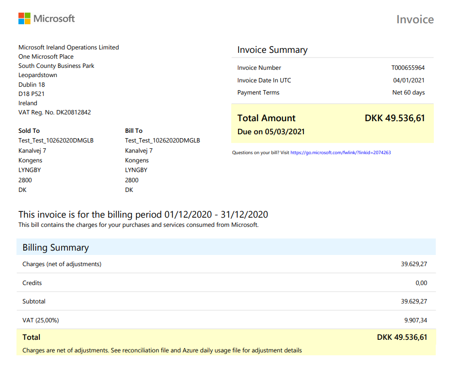 Screenshot that shows a Partner Center invoice stating that adjustment details appear on recon and Azure daily usage files.