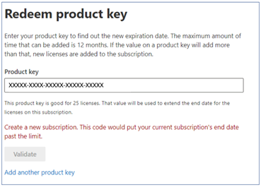 Screenshot that shows the product key error message.