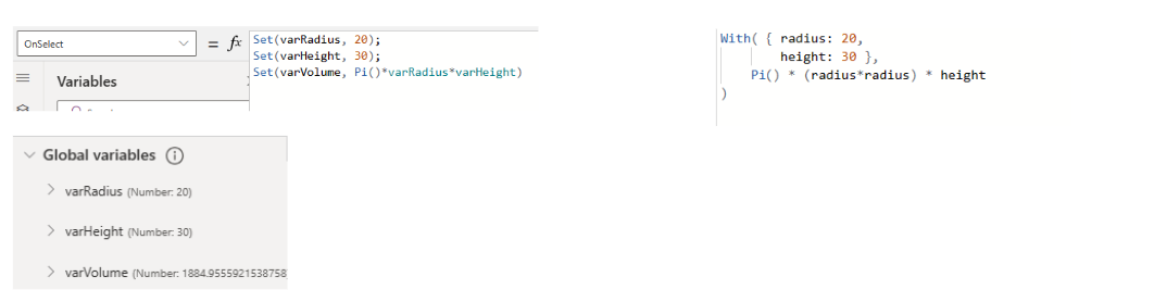 Screenshot of a Power Fx formula that uses the With function.