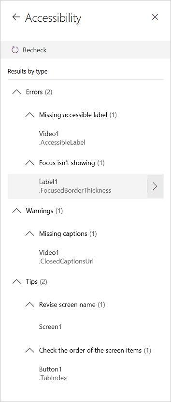 Screenshot of Accessibility checker pane in Power Apps showing a list of detected accessibility issues and guidance links.