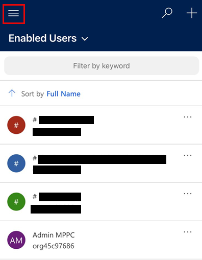 Hamburger icon at the top left corner with Enabled users list