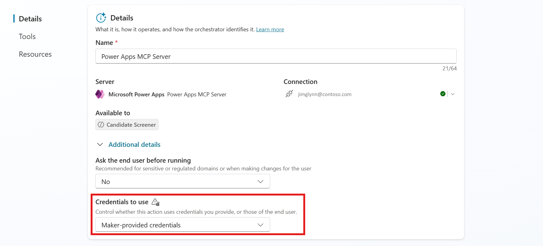 Credentials to use for Power Apps MCP server