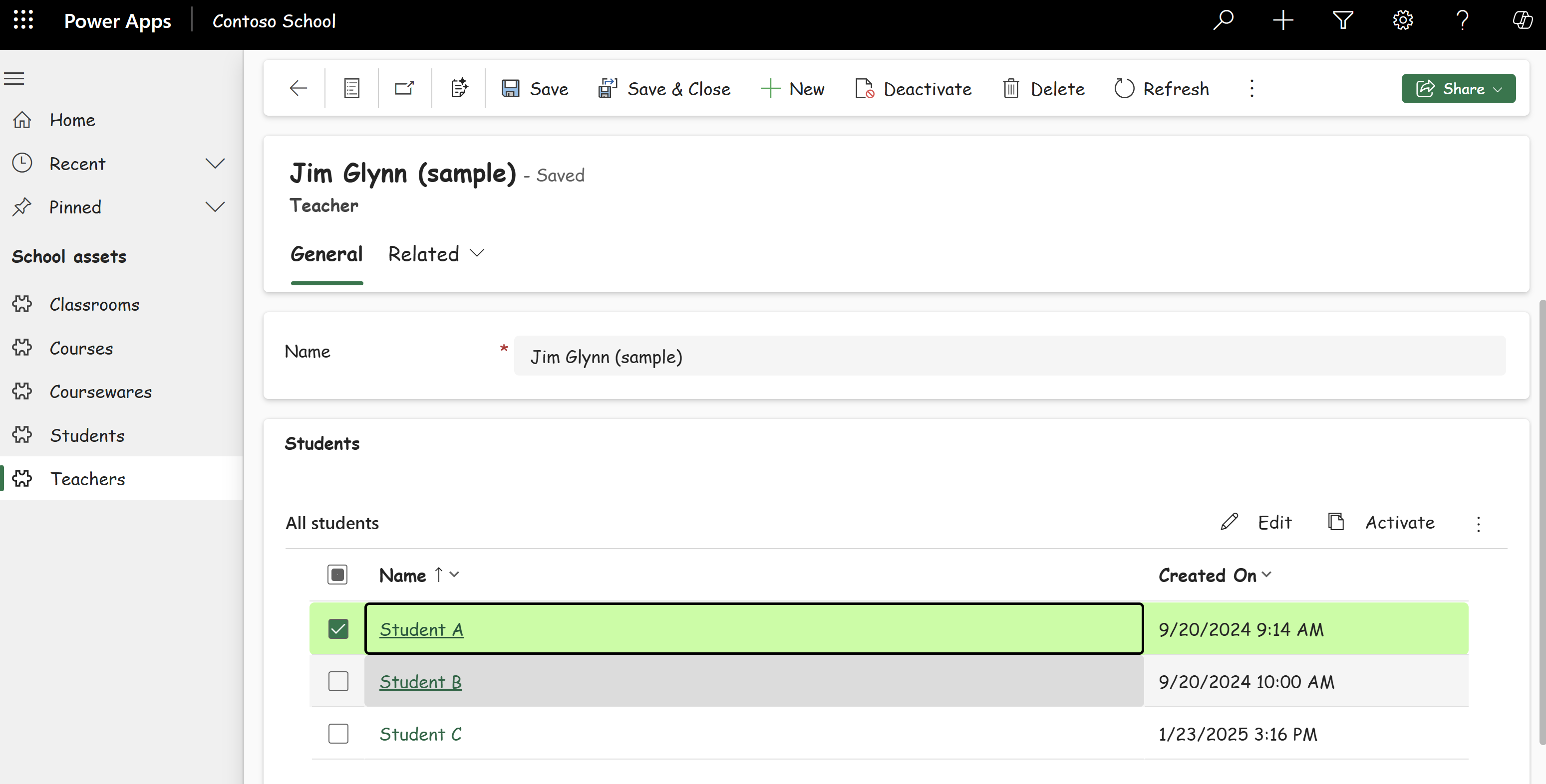 Custom model-driven app using custom green theme extended with great vibes font.
