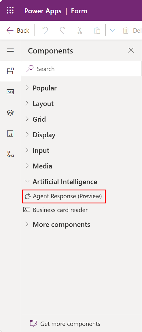 Agent response in components pane.
