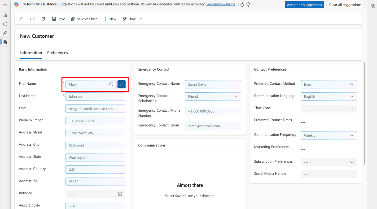 Screenshot that shows a specific form fill suggestion being accepted.