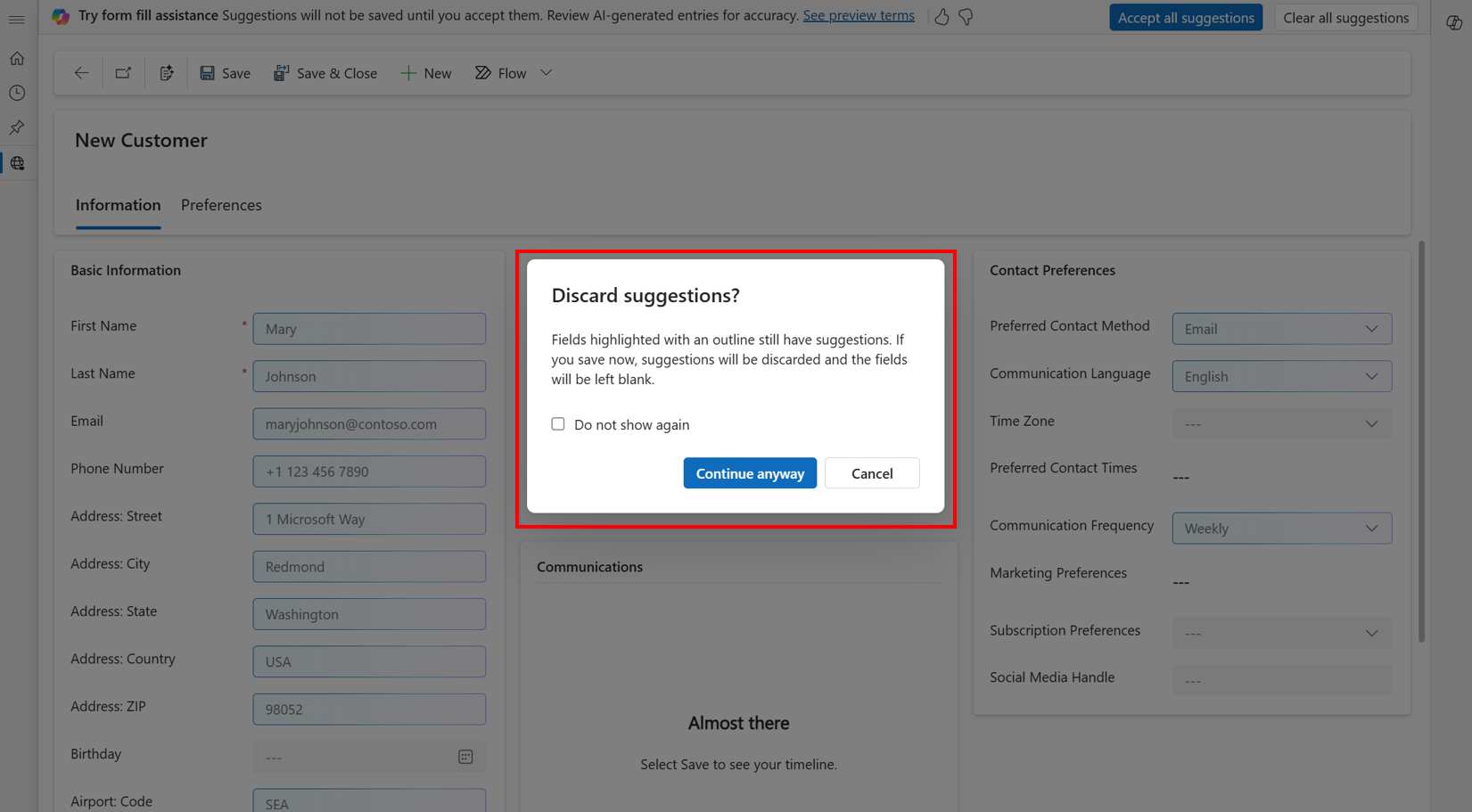 Screenshot that shows the prompt about discarding suggestions.