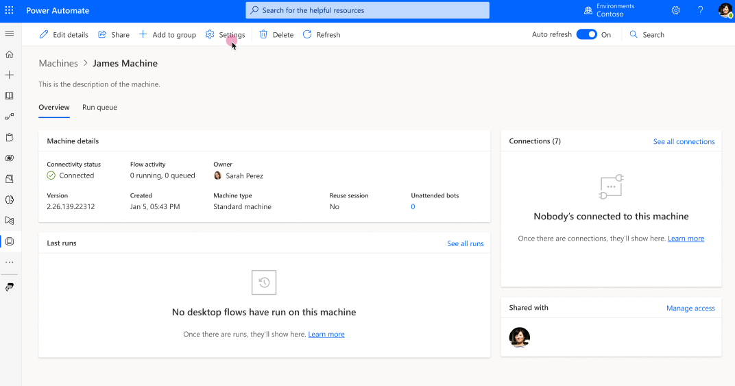 Screenshot of the machine page showing no unattended bot allocated.