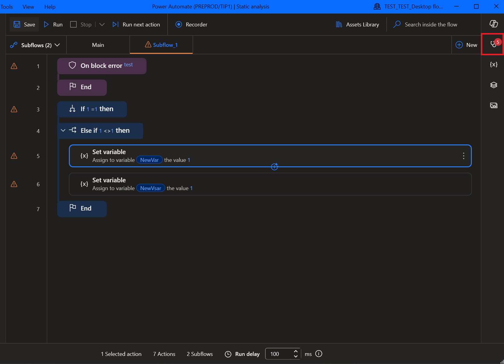 Screenshot of the button in Power Automate for Desktop designer that opens the static analysis pane.
