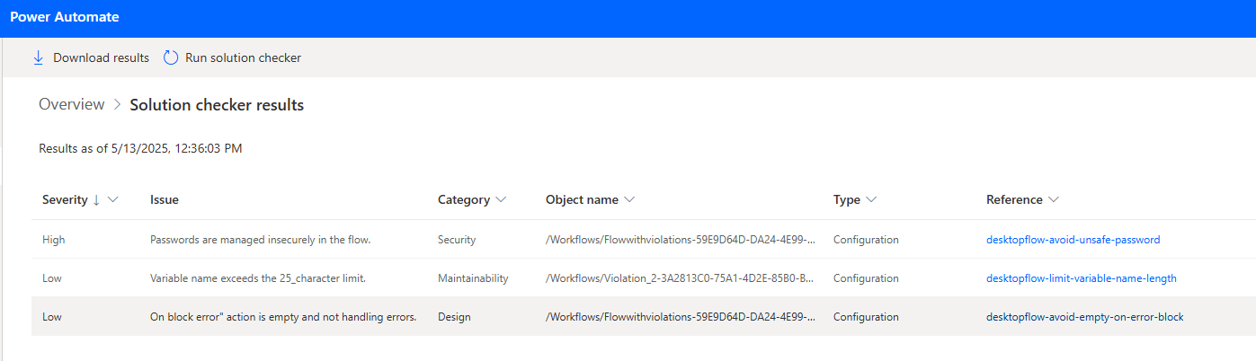 Screenshot of the results of static analysis for a solution in the Power Automate portal.