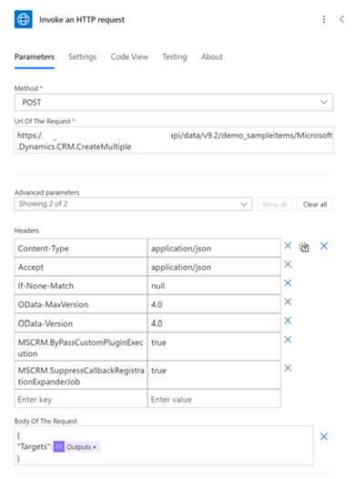 Screenshot of the Power Automate designer showing invoking an HTTP request to perform a bulk operation.