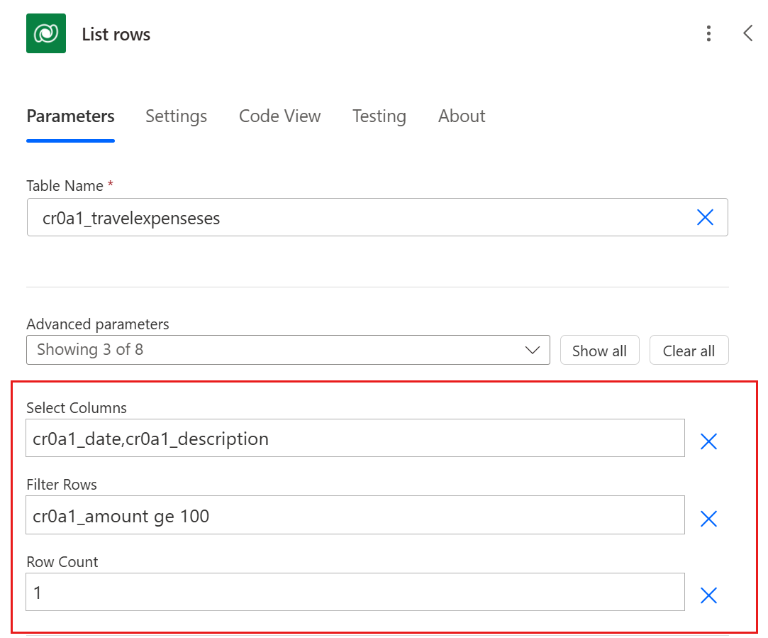 Screenshot of a Dataverse action in a cloud flow that specifies Select Column, Filter Row, and Row Count settings.