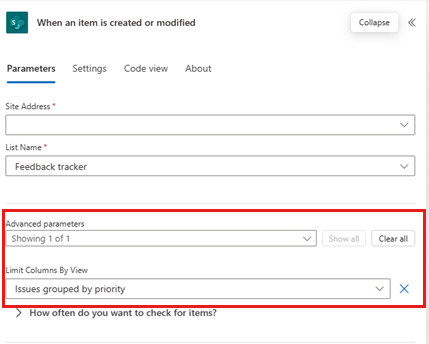 Screenshot of a SharePoint trigger in a Power Automate flow, with 'Issues grouped by Priority' selected in the Limit Columns By View option.
