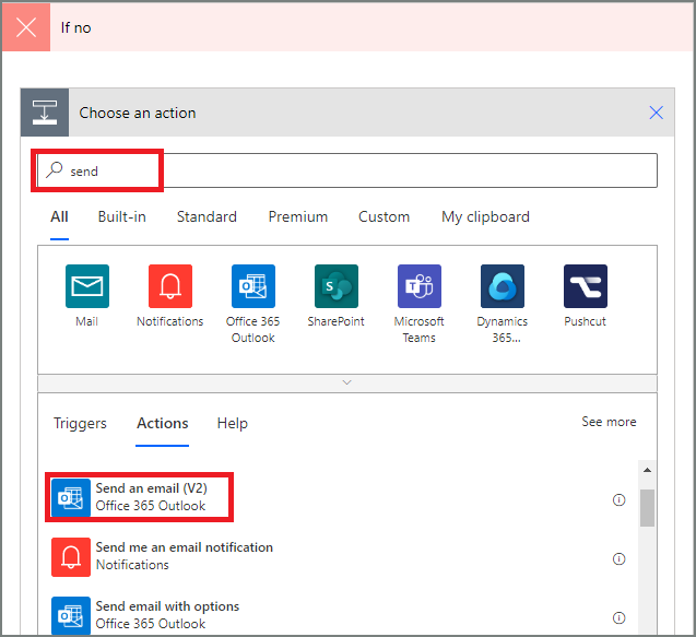 Screenshot showing how to select the send email action for rejected requests in the classic designer.