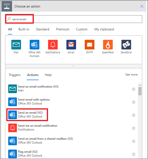 Screenshot showing how to select the send email action in classic designer.