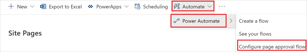 Configure page approval flow option Screenshot that shows the configure page approval flow option.